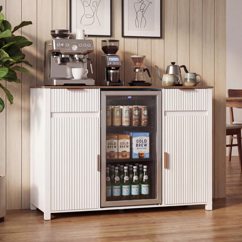 Grande armoire à café de 53 po avec espace pour réfrigérateur, prise de courant et rangement pour tiroir, White