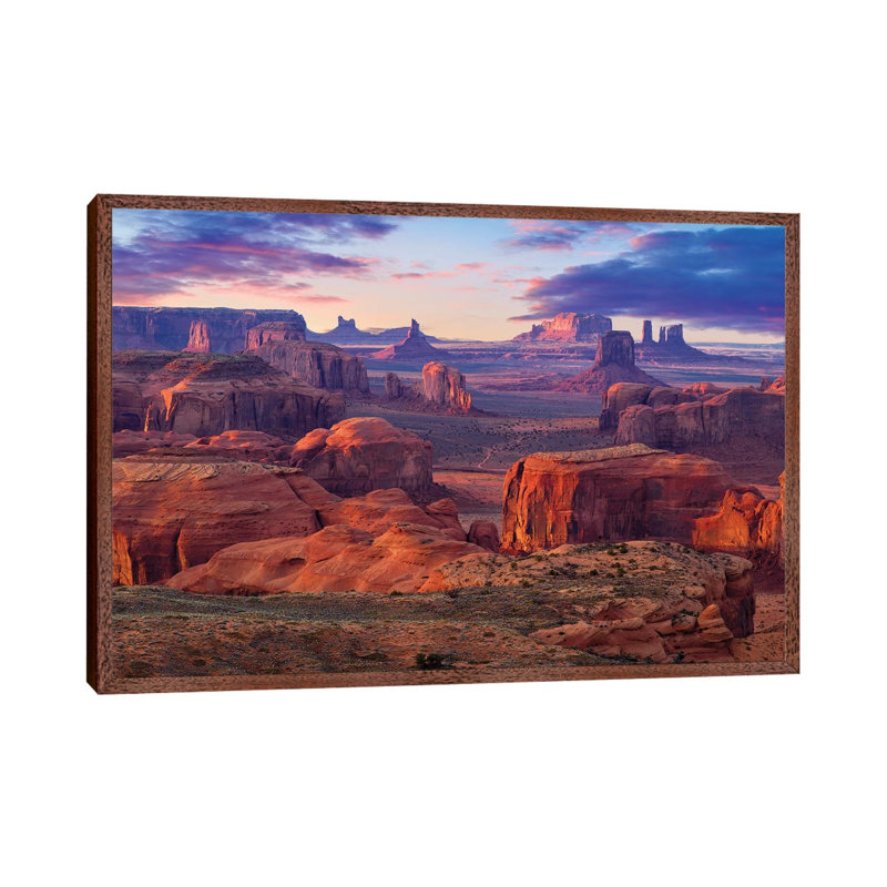 Hunts Mesa Monument Valley Sunset by Susanne Kremer - Print on Canvas, Classic Brown Wood Floater Framed