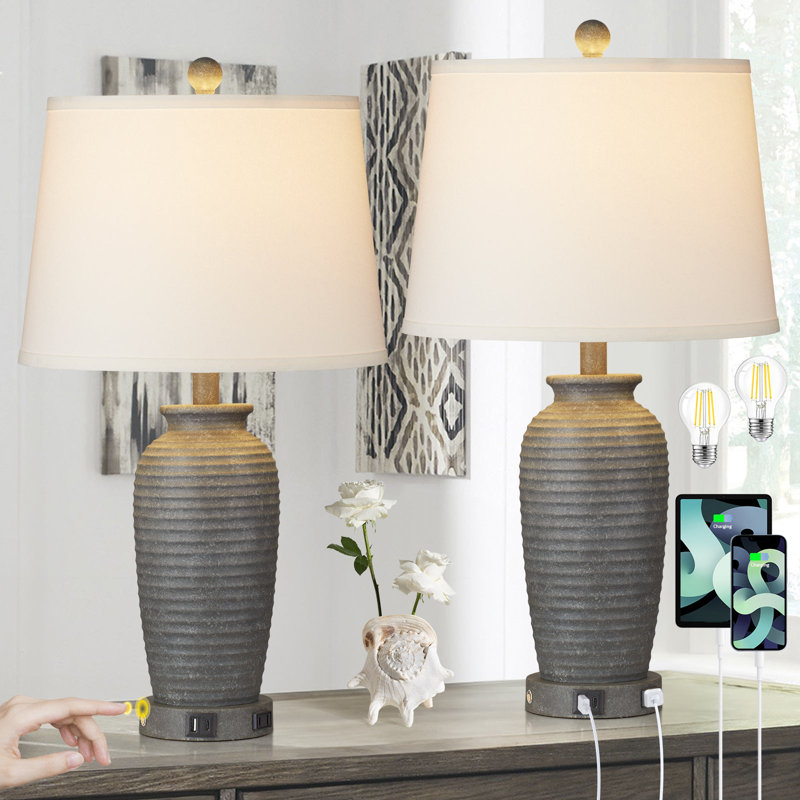 Lampe de table réglable en résine Parisse avec ports de charge USB, Gris, Blanc