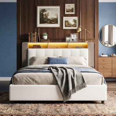 EU Double/King Ottoman Bed With Bookcase Headboard, Storage Frame With LED Lights & Wireless Charging, White & Oak Effect