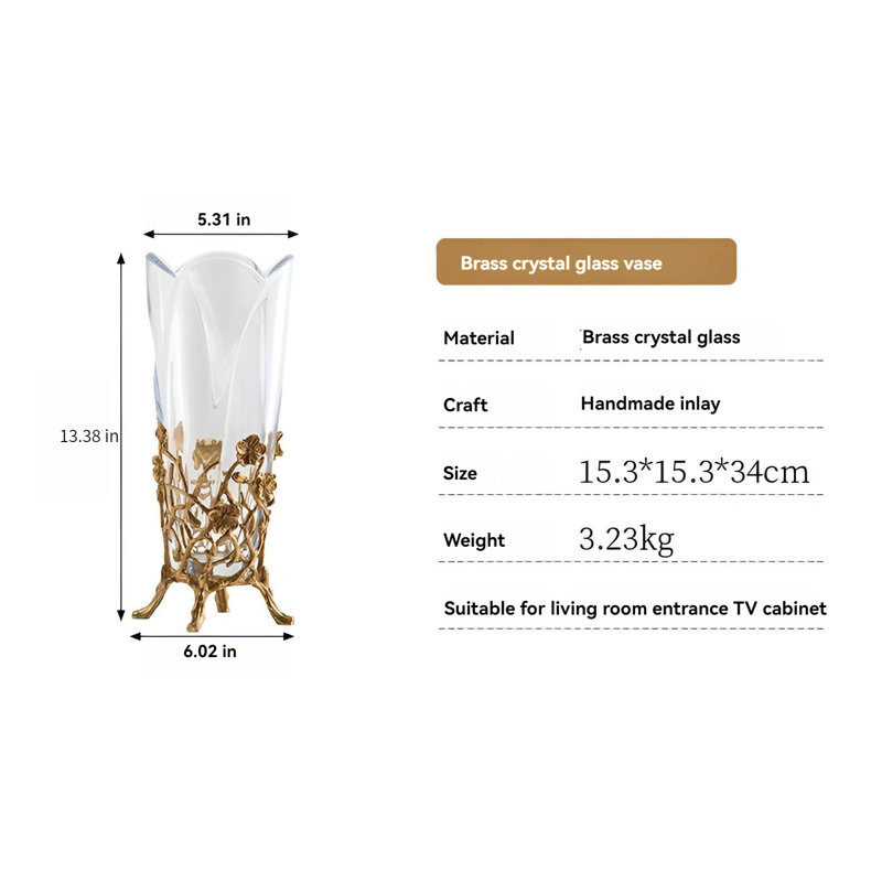 European-Style Crystal Glass And Copper Inlaid Vase: Luxurious Living Room Flower Arrangement Holder For TV Stand, Entryway - High-End Elegance And Sophistication