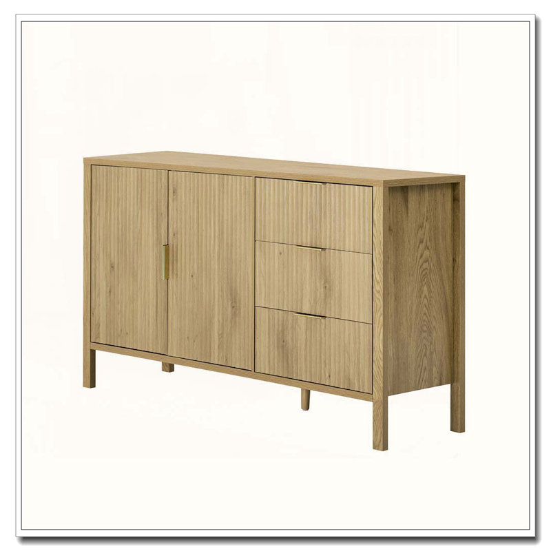 Modern Wave-Pattern Sideboard with 3 Drawers, Hooks, and Extra Center Leg, Natural