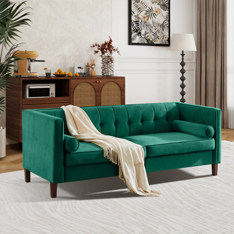 78''  Wide Velvet Tufted Square Arm Sofa, Green Velvet