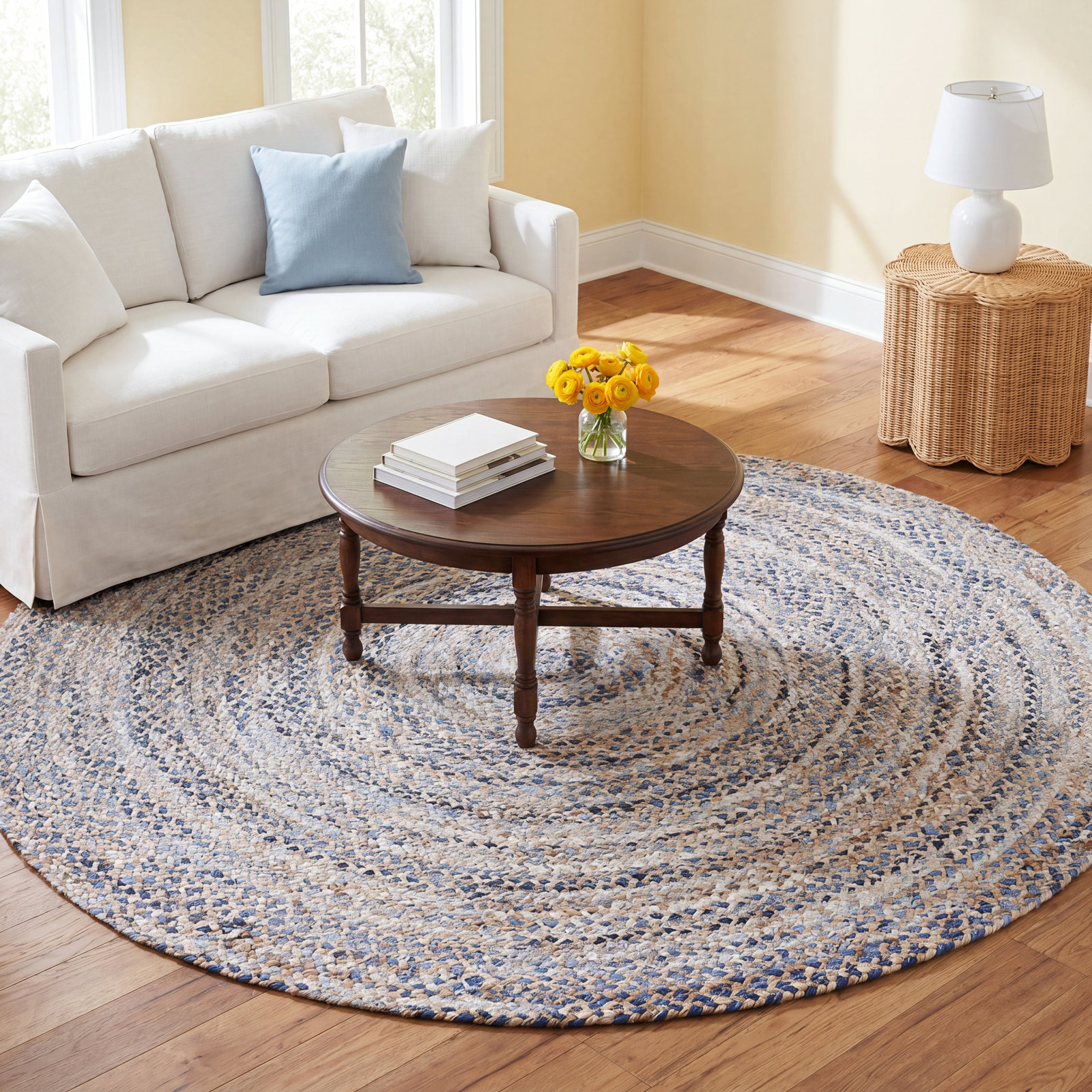 Blue Tan Round Handwoven Geometric Jute Rug, Round 4'