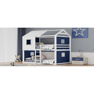 Lit double superposé en bois avec tente, bleu et blanc (ANCIEN SKU: LT000380AAC)