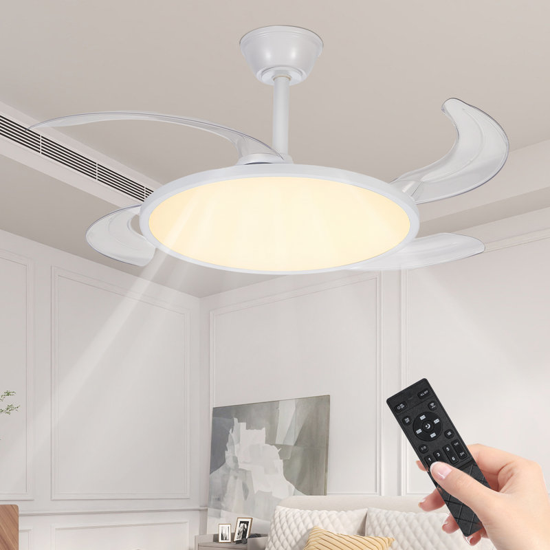 Ventilateur de plafond rétractable de 42 pouces, ventilateur de plafond à profil bas avec lumière et télécommande, ventilateur noir moderne avec pales rétractables pour la salle à manger salon chambre à coucher, à intensité variable, minuterie
