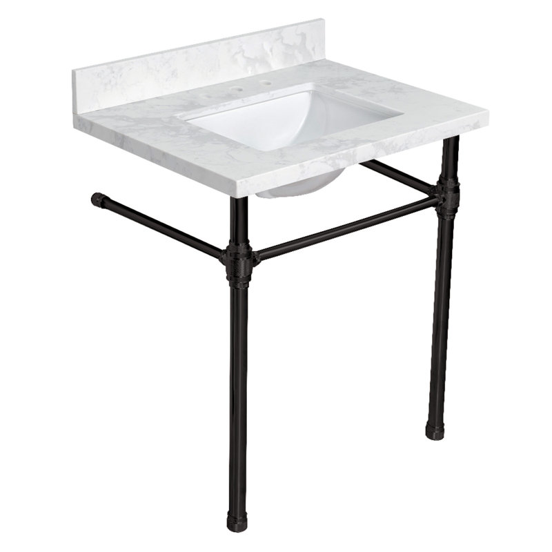 Kingston Brass Mayorca 31-Inch Quartz Console Sink with Brass Legs (8-Inch, 3-Hole), Quartz White/Matte Black