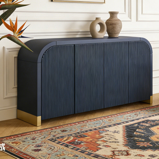 4-door Curved Corner Design Wavy Door Panel Cabinet with Adjustable Shelves, Navy Blue
