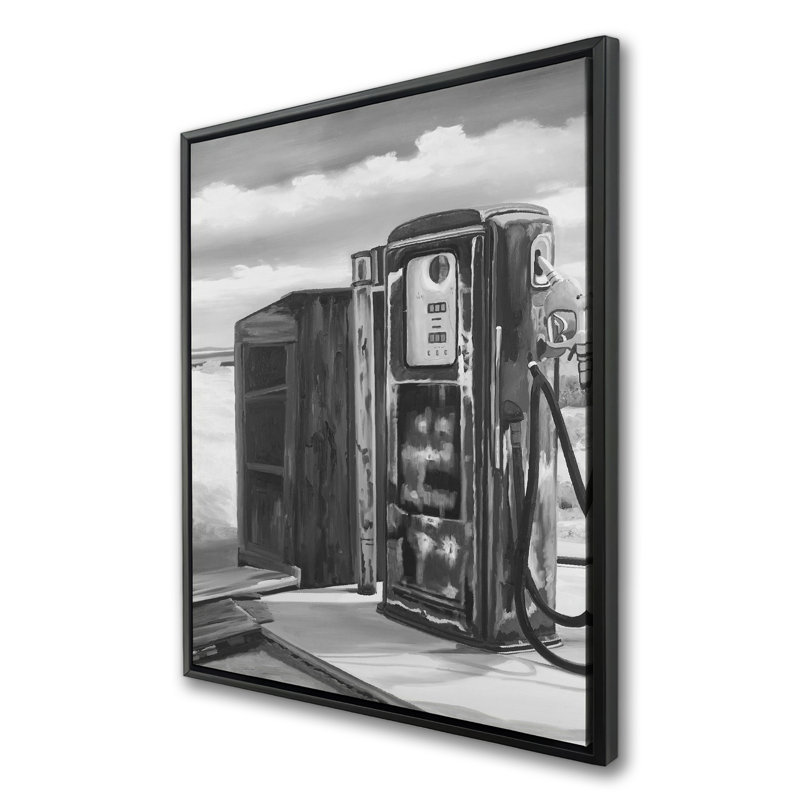 Old Gas Pump | White Car Framed Canvas for Home Decor, 37.25" H x 49.25" W, White/Gray/Black