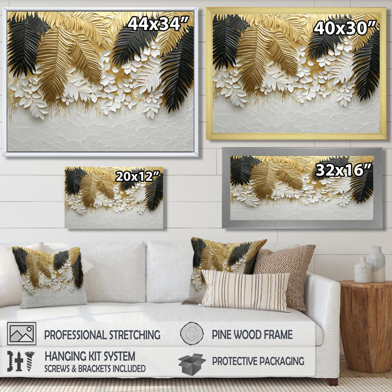 «Cordis Golden Plams Midnight Collage I» - art mural palmiers et palmiers, H 12 po x l 20 po, Noir, noir, noir, noir