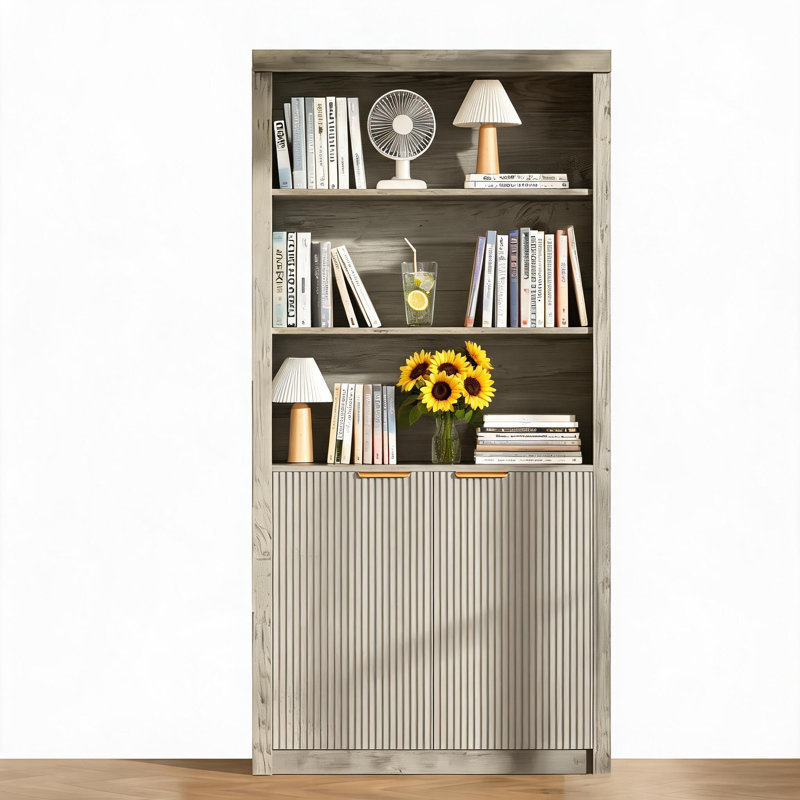 Bibliothèque de 70,9 po de hauteur avec portes cannelées, étagères de présentation à 5 niveaux avec armoire de rangement et tablette réglable, bibliothèques de style Mid-Century moderne pour le bureau à domicile et le salon.