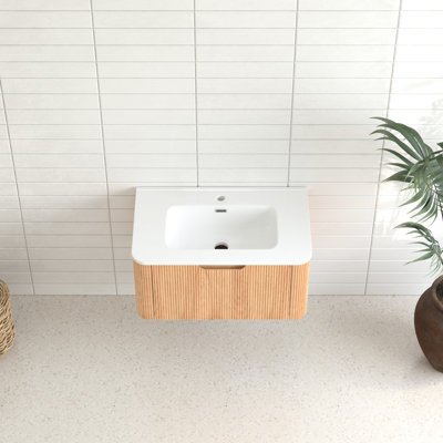 Armoire de salle de bain flottante 30 po avec vasque en céramique blanche, bois de noyer massif, style à bord courbé, pré-assemblé, tiroir à fermeture en douceur, style moderne américain
