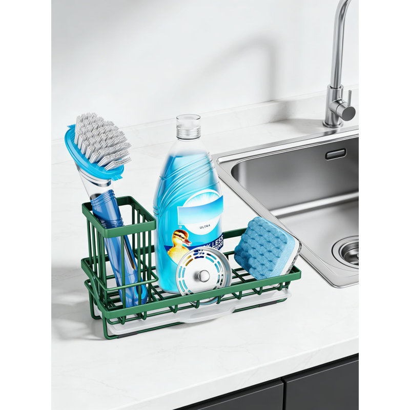 Organisateur de chariot d'évier de cuisine en acier inoxydable avec ramasse-gouttes amovible - éponge, distributeur de savon et porte-brosse pour le comptoir, la fenêtre ou le robinet