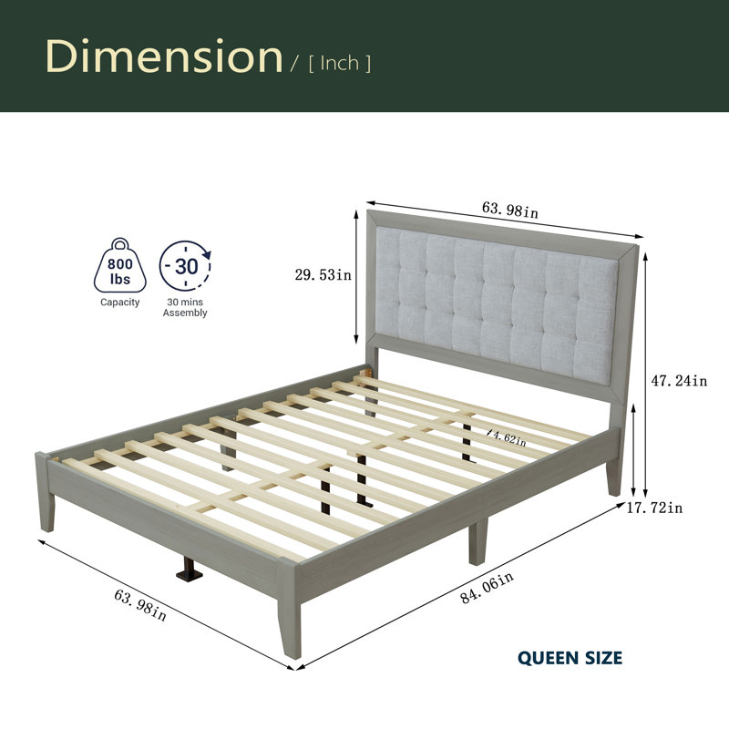 Tête de lit tapissier à plateforme en bois massif, Grand lit