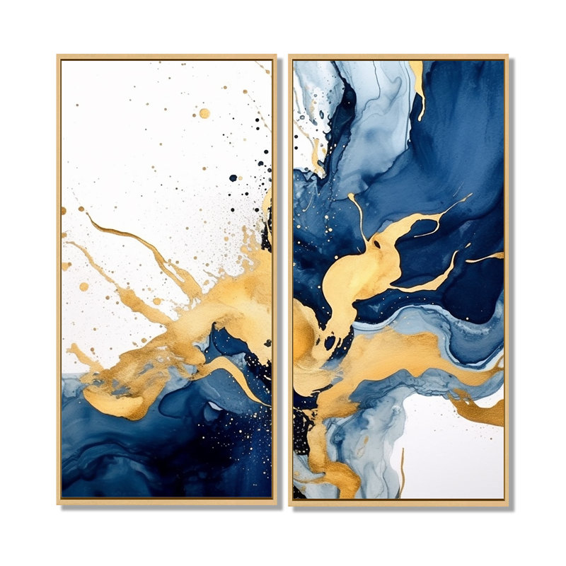 Art mural moderne bleu foncé et or II - 2 panneaux, 40" H x 40" W, Impression encadrée flottante, Cream