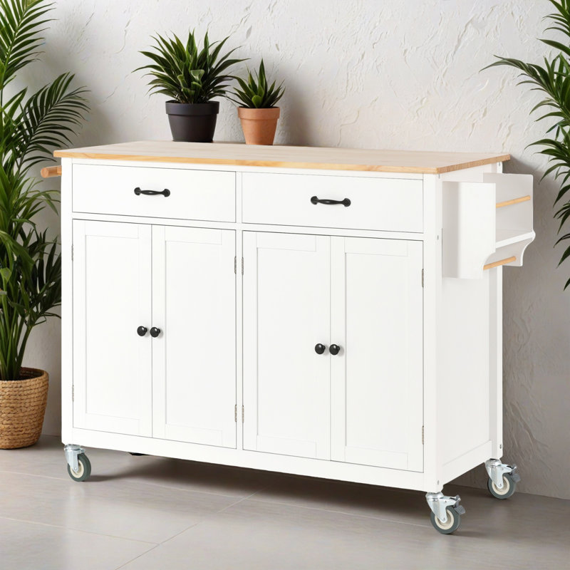 54.34" Rolling Mobile Kitchen Island with Solid Wood Top and Locking Wheels, Storage Cabinet and Drop Leaf Top, Spice Rack, Towel Rack for Kitchen