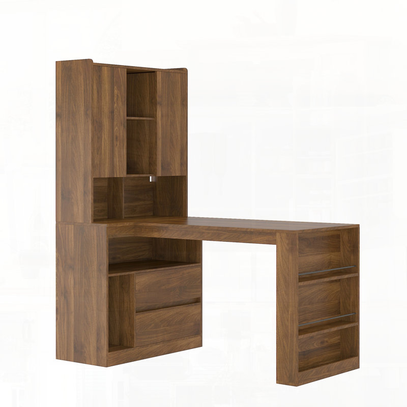 L Shaped Desk With Drawers Bookshelf LED Light Sturdy MDF Board Surface