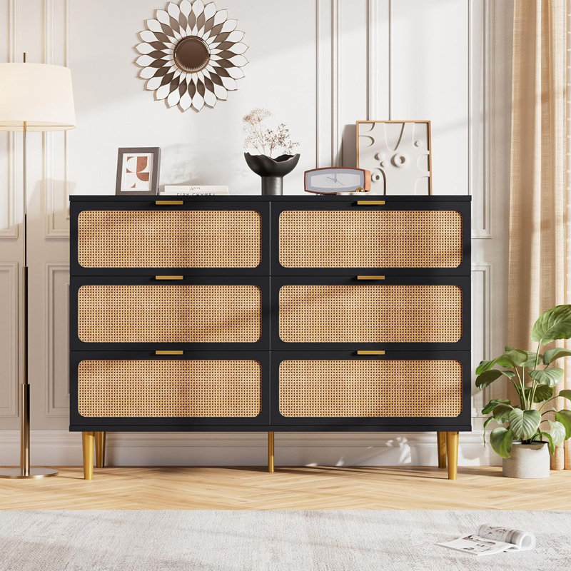 Rattan 6 Drawer Dresser For Bedroom, With Deep Drawers, Black
