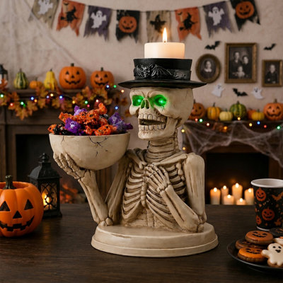 Halloween Resin Half-Body Skeleton Figurine with Glowing Green LED Eyes, Bat Pattern Top Hat Pillar Candle Holder & Storage Bowl, Spooky Gothic Tabletop Centerpiece Decor