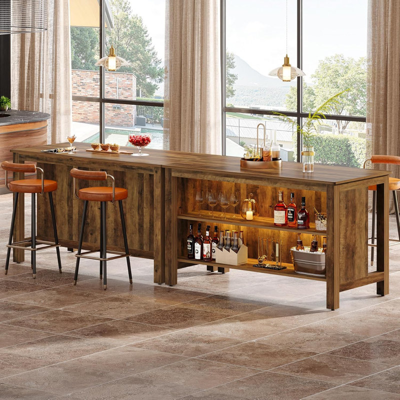 59-Inch Home Bar Table Unit, 3-Tier Counter Height Pub Table with Storage Shelves, Rustic Brown