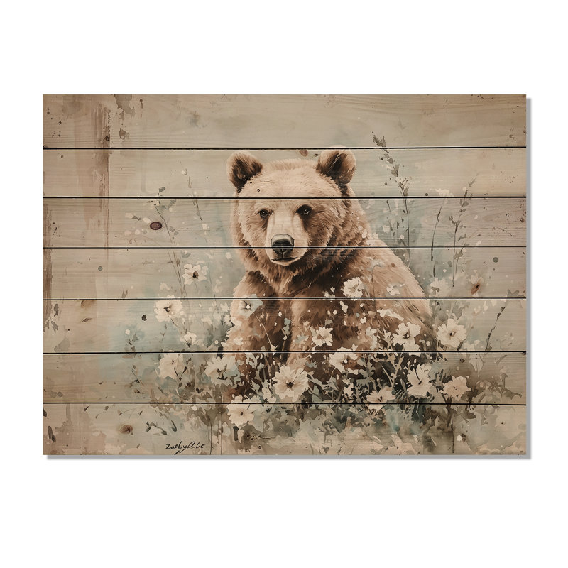 Ours brun en forêt I - Décoration murale moderne en bois sur bois de pin naturel, H 10 po x l 20 po