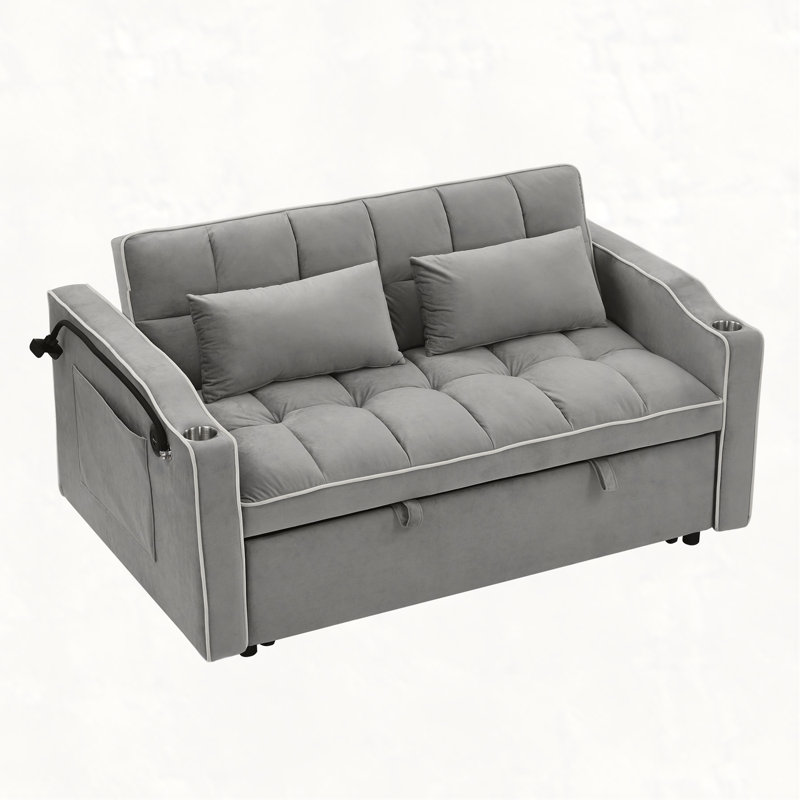 55.51 inch versatile foldable sofa bed in 3 lengths, modern sofa sofa sofa velvet pull-out bed, adjustable back and with USB port and ashtray and swivel phone stand