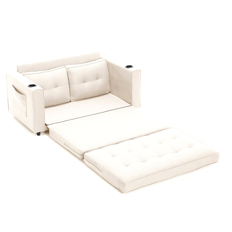 Canapé-lit convertible 3-en-1 avec futon et canapé-lit, causeuse pliable et capitonnée avec canapé-lit escamotable, causeuse à dossier rabattable avec poches latérales et porte-gobelet