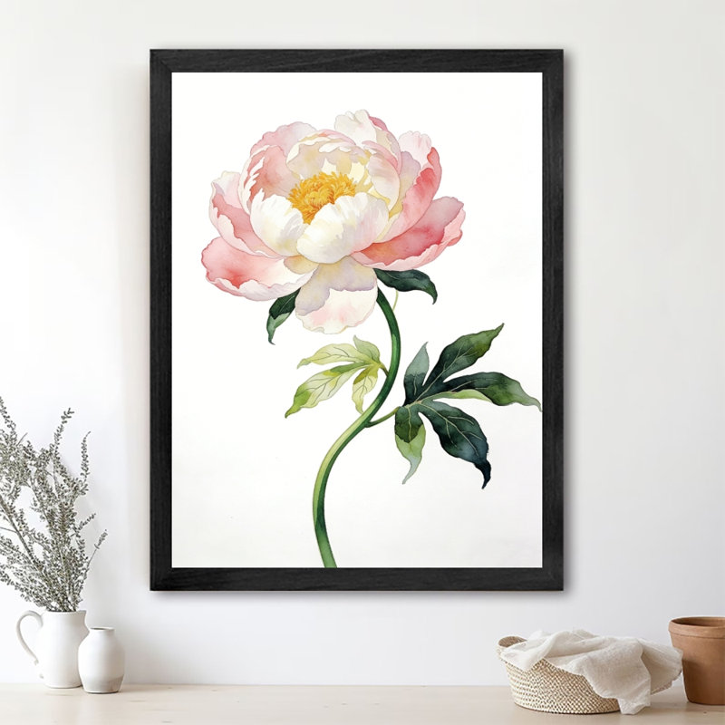 Art encadré noir, Saint-Valentin - Fleurs de pivoines roses, aquarelle, H 11 po x l 9 po