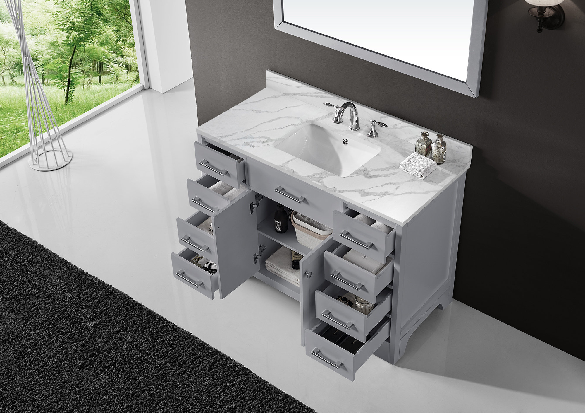 Lark Manor Clen 48 Inch Bath Vanity in Grey with Gold Grey Veins Quartz Top 1 Faucet Hole with ...