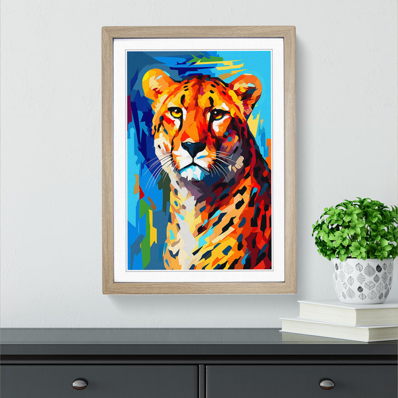 Cheetah Cubism - Single Picture Frame Print on Wood, 64cm H x 46cm W x 2cm D, Oak Framed
