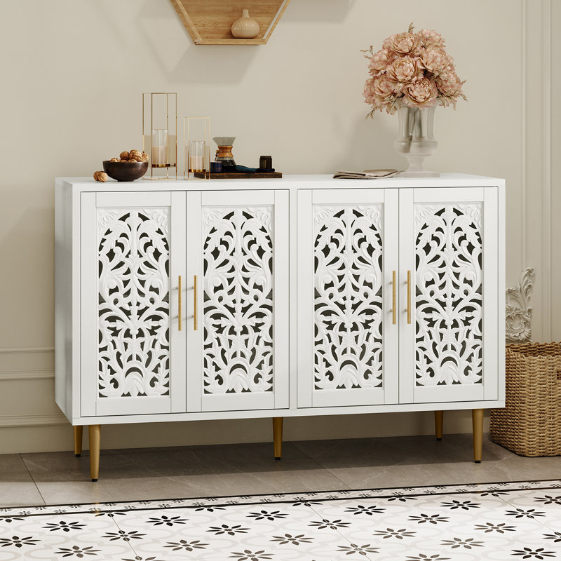 Buffet 48 po à portes creuses sculptées, armoire de rangement moderne avec 4 portes, armoire d'appoint pour le salon, la salle à manger et la cuisine