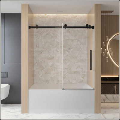 Frameless Single Sliding Shower Door, 1/4 "(6 Mm) Clear Tempered Glass, Explosion Proof Film, Stainless Steel Handle,Square Tube Track