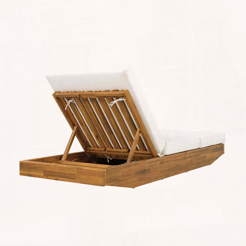 Chaise longue en bois d'acacia avec coussin hydrofuge 3 fois et dossier réglable, Crème