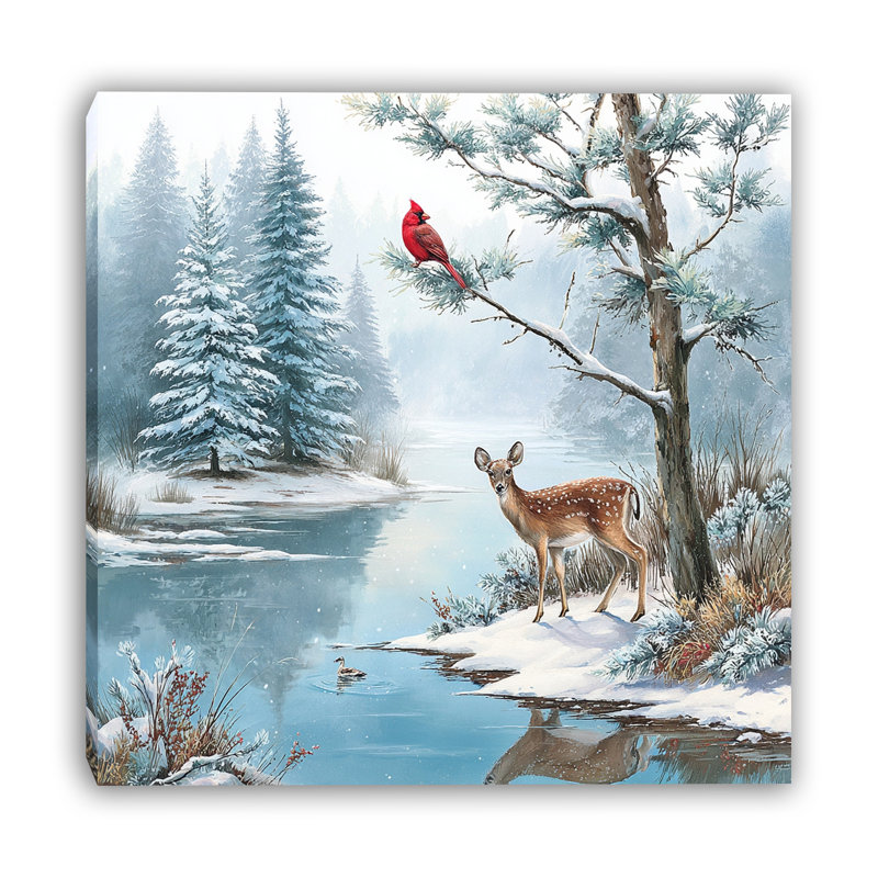 «Cardinal and Deer» par Winter River, art mural sur toile tendue, H 12 po x l 12 po