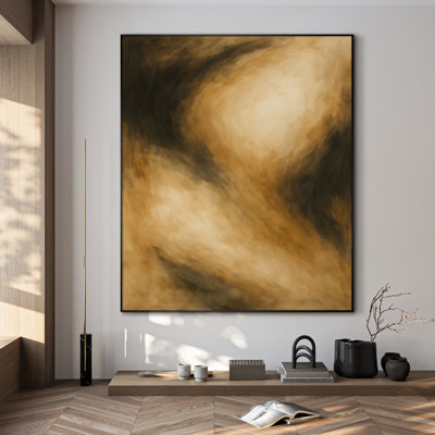 Extra Large Wall Art Fabric Print - Warm Sand and Charcoal Swirling Abstract Artwork Decor for Living Room or Bedroom - "Frame Assembly Required (Unfinished Frame)"