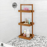 Teak Shower Caddy Corner, 3 Tier Standing Shower Organizer Shelf With Handle, Wood Bathroom Stand Up Caddy Basket For Shampoo, Rack For Inside Shower, Bath, Office, Kitchen Desktop