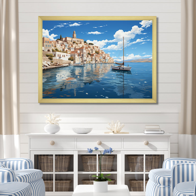 «Syros Serenityscape III - Port Landscape Coastal», art mural, Cadre doré à coins fermés, H 24 po x l 32 po x P 1 po