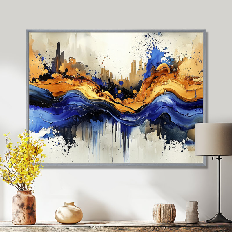 Impressions sur toile Golden Aqua, H 34 po x l 44 po, Cadre flottant, Argent argent
