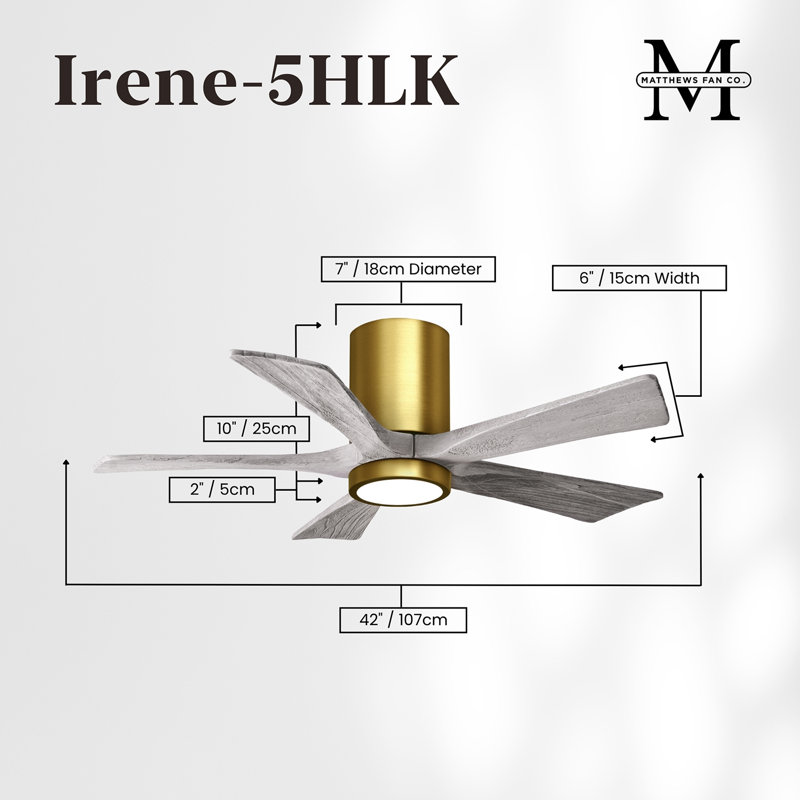 Irene Flushmount Light Kit 5 Blade LED Ceiling Fan, Barn Wood Tone, Brushed Brass, 42"