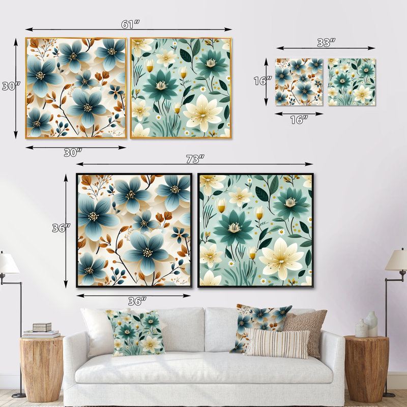 Brooklet - Ensemble de 2 collages carrés floraux, H 16 po x l 33 po, Cadre flottant blanc
