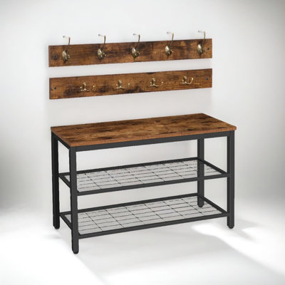 10 Pair Shoe Rack With 2 Wall Shelf Brackets Industrial Rustic Brown Hallway Entryway Furniture