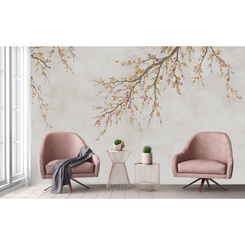 Élégante murale de papier peint branche de cerisier en fleurs - motif floral minimaliste pour des intérieurs sereins, Jaune