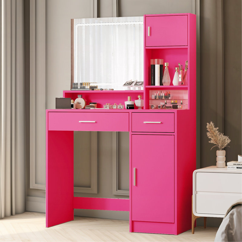 Bureau de coiffeuse avec miroir et bande lumineuse à DEL, coiffeuse avec grand tiroir, commode de rangement à 3 niveaux et 3 modes d'éclairage à luminosité réglable, convient à la chambre à coucher (rose)