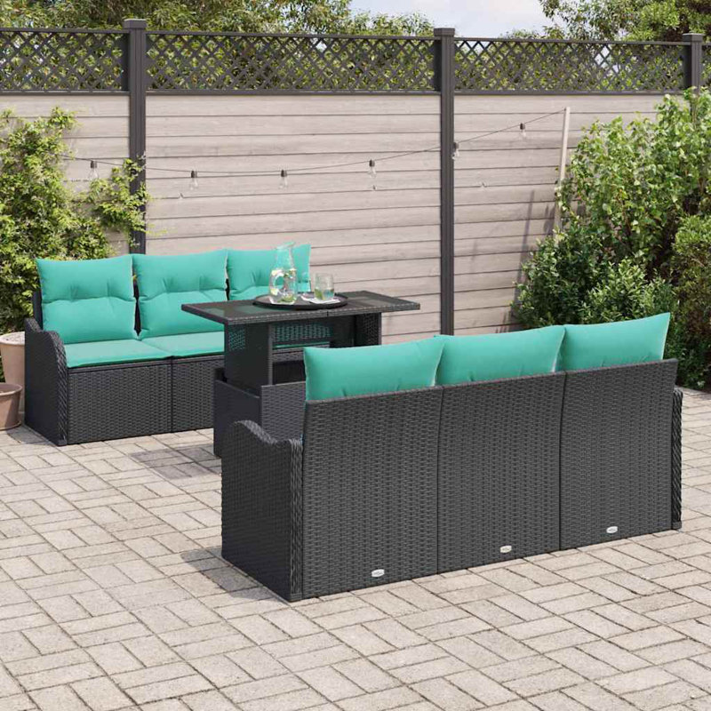  Ensemble de canapé de jardin avec coussin manuel 7 pièces en rotin de polyester noir