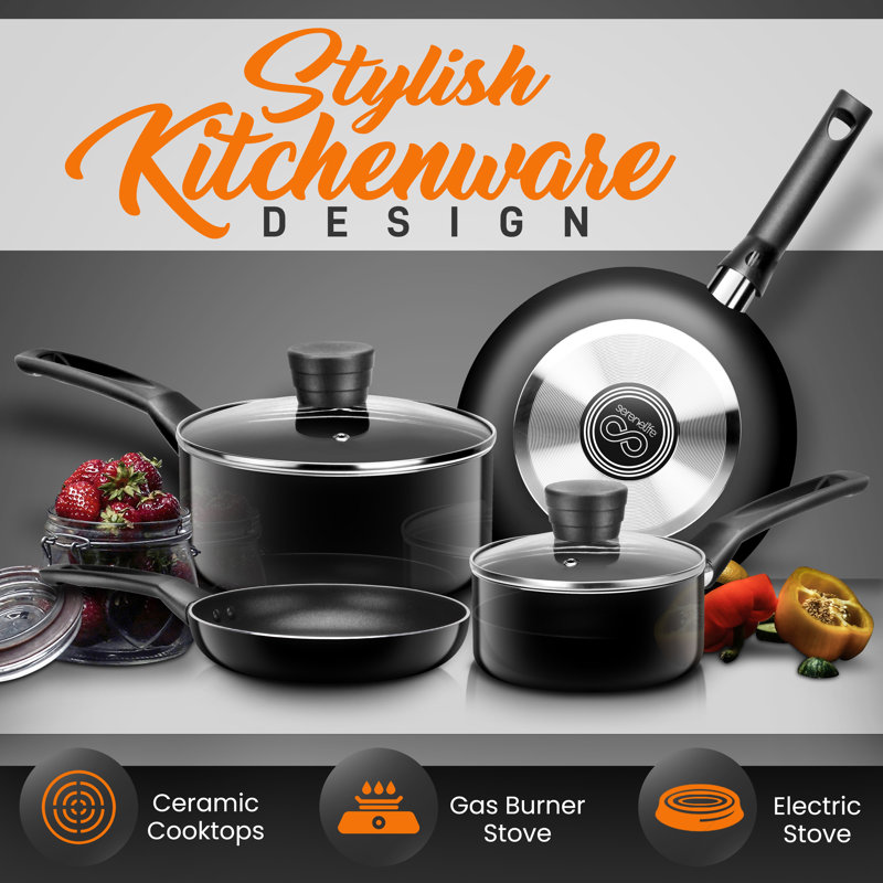 Black Non-Stick Aluminum Cookware Set with Glass Lids