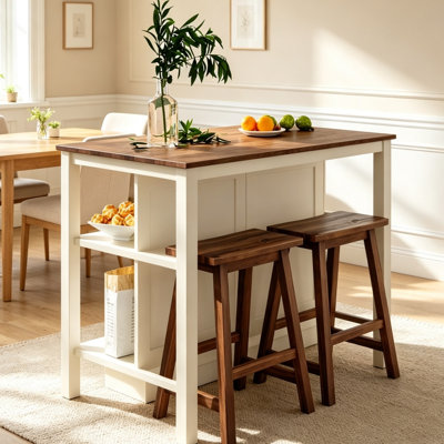 3-Piece Rustic Solid Wood Kitchen Island Set, 45 Inch Butcher Block Prep Dining Table with 2 Seats & 2 Open Storage Shelves, Walnut & Cream White Stationary Furniture for Small Spaces
