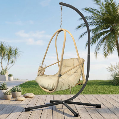 Fauteuil à œufs suspendu avec support, fabriqué en rotin d'osier intérieur / extérieur en tant que chaise de panier, comprenant un support de type C, un coussin et un oreiller inclus, une conception pliante avec une structure de porte-gobelet spéciale