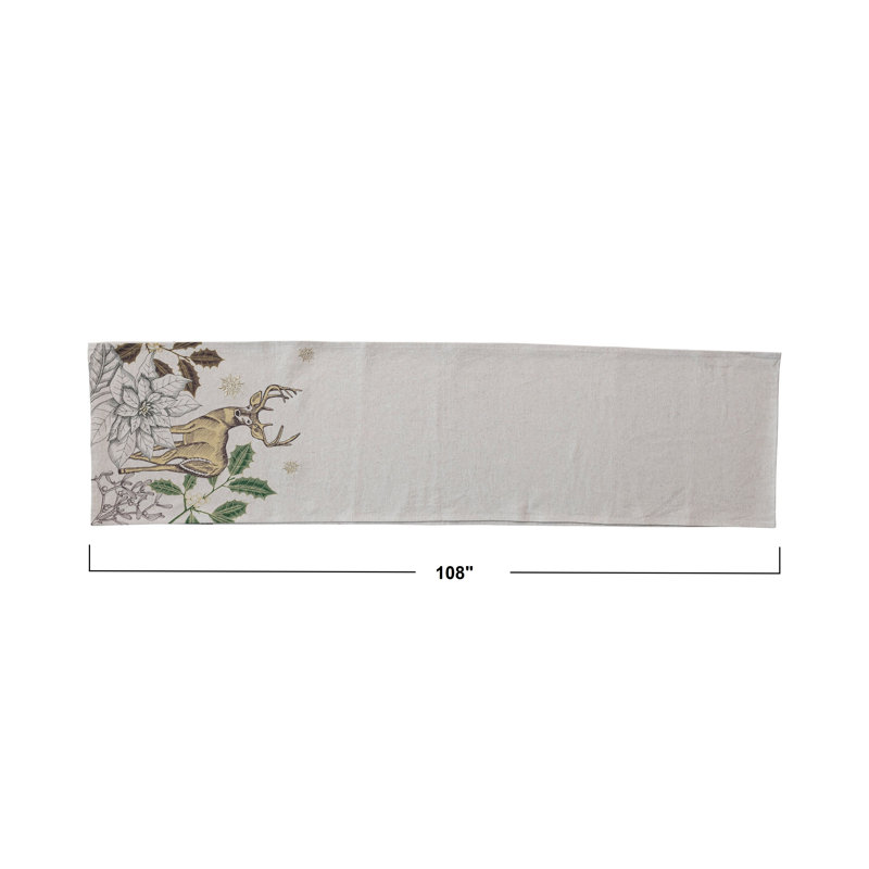 Cotton And Linen Printed Table Runner With Flora/Fauna Pattern And Metallic Thread Embroidery