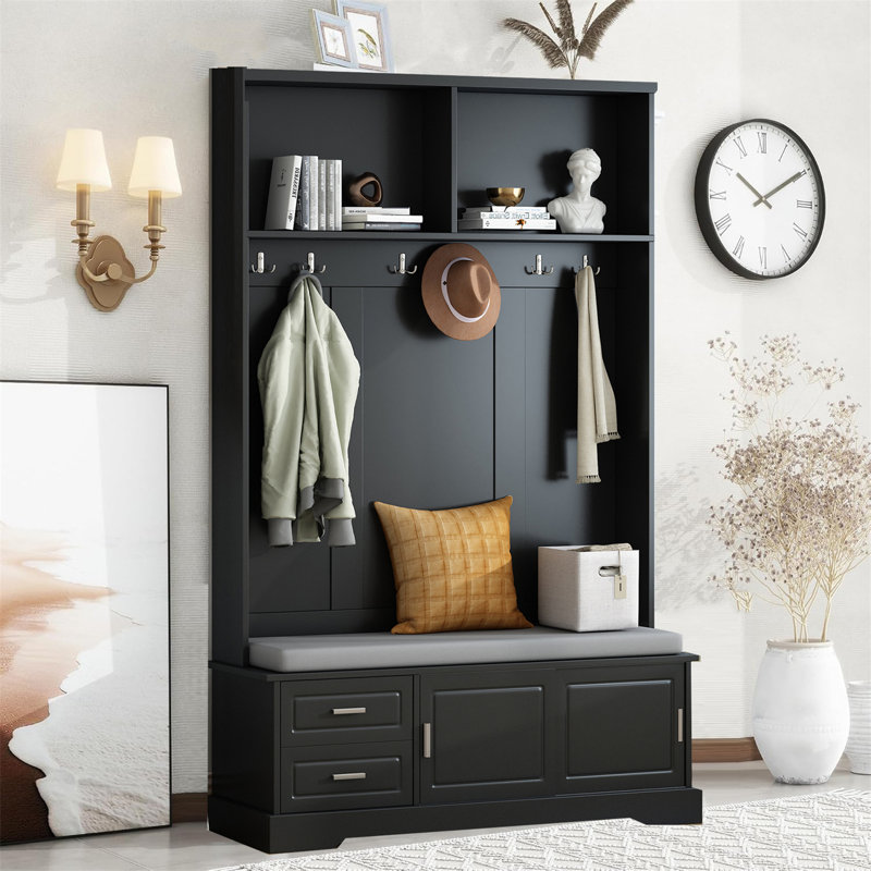 Hall Tree With Storage,Entryway Hall Tree With Bench And Doors,Hall Tree With Bench And Shoe Storage For Home, Black