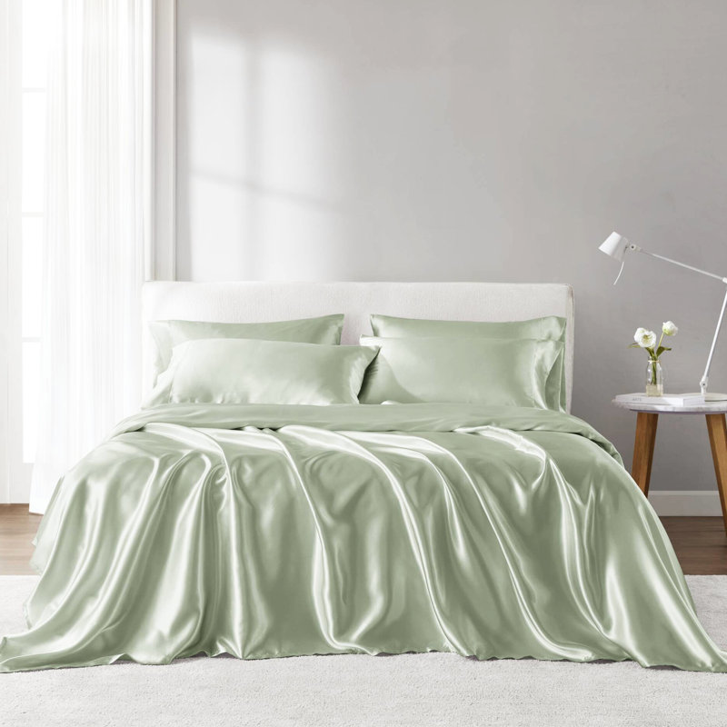4 Pcs Twin Satin Sheet In Sage - Luxury, Wrinkle , Smooth Texture, , Includes Flat & Fitted Sheets And Pillowcases Luxury Gentle On Skin Hair, Reduces Frizz Breakage,